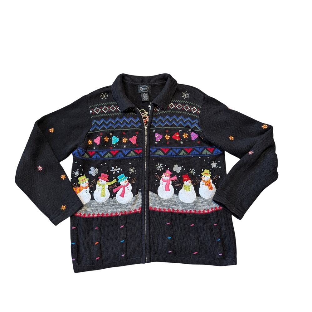 Vintage Designers Studio Originals Christmas Sweater M Snowman Zip Cardigan Knit